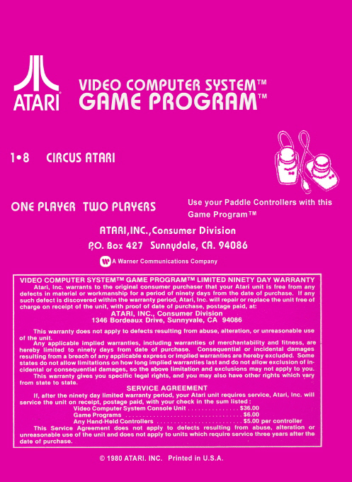 Circus Atari — Box back