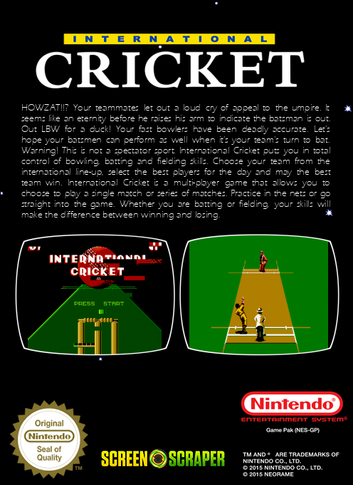 International Cricket — Box back