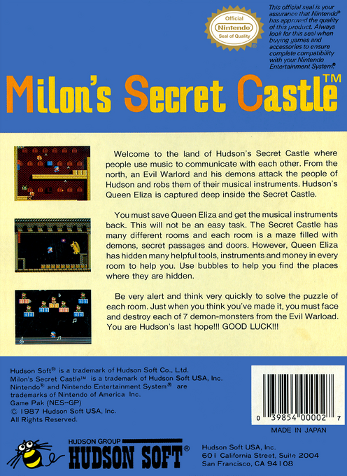 Milon's Secret Castle — Box back