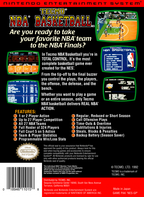 Tecmo NBA Basketball — Box back
