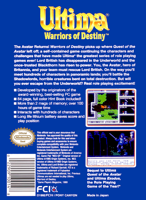 Ultima : Warriors of Destiny — Box back