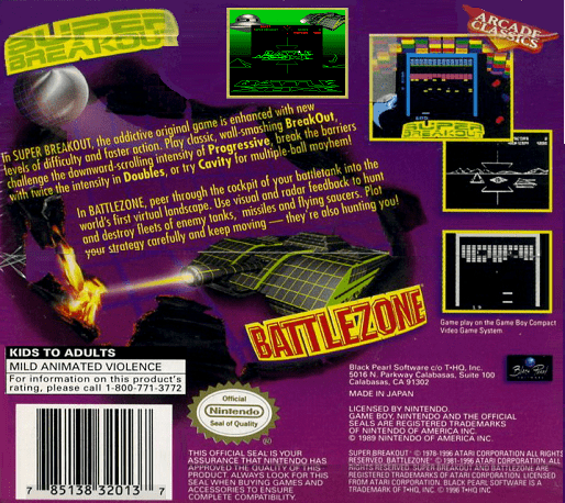 Arcade Classics : Battlezone & Super Breakout — Box back