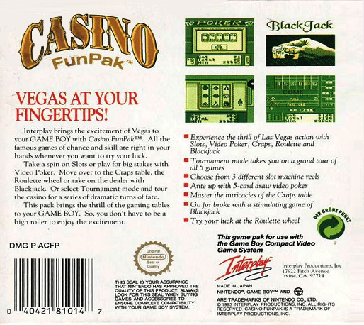 Casino FunPak — Box back