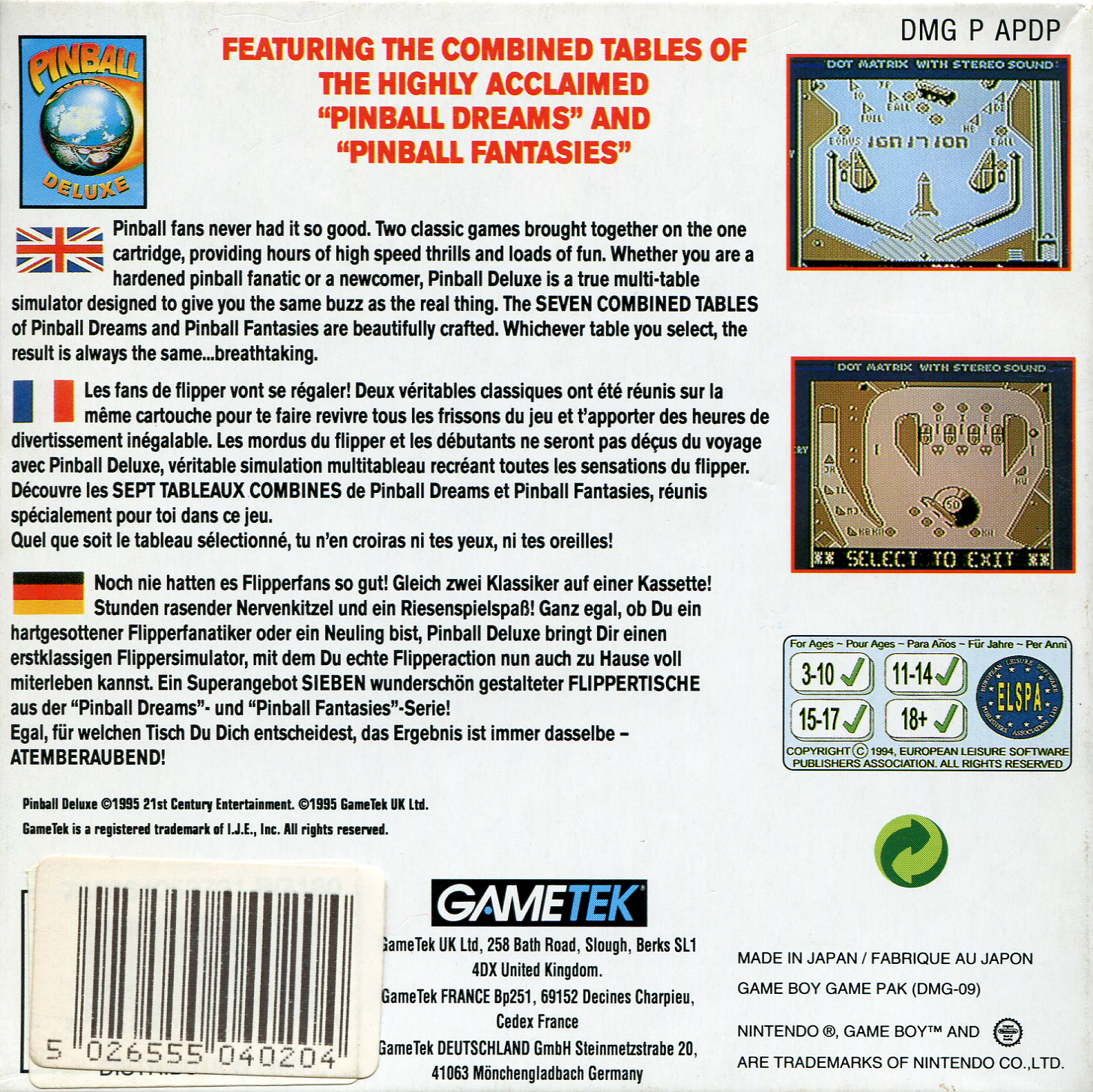 Pinball Deluxe — Box back
