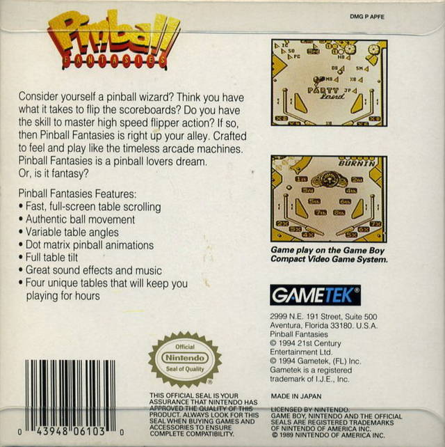 Pinball Fantasies — Box back