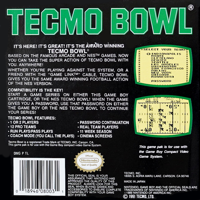 Tecmo Bowl — Box back