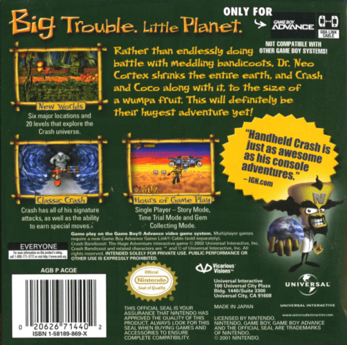 Crash Bandicoot : The Huge Adventure — Box back