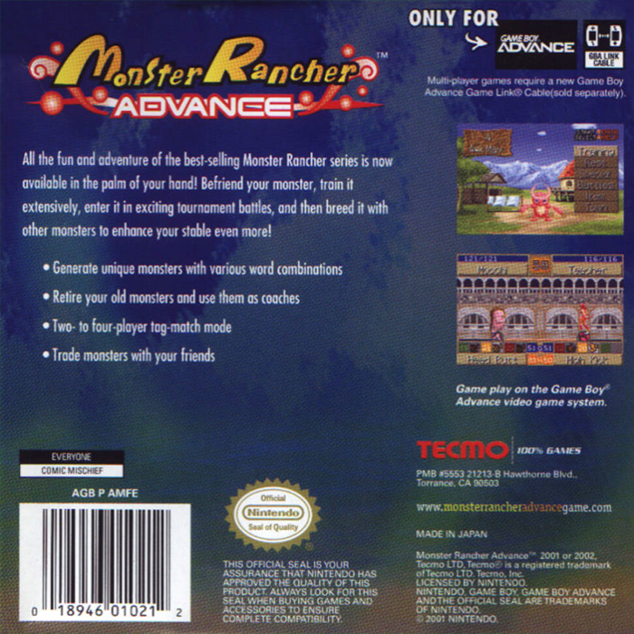 Monster Rancher Advance — Box back