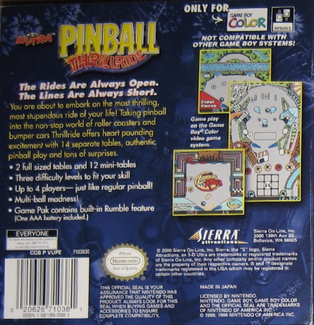 3-D Ultra Pinball : Thrillride — Box back