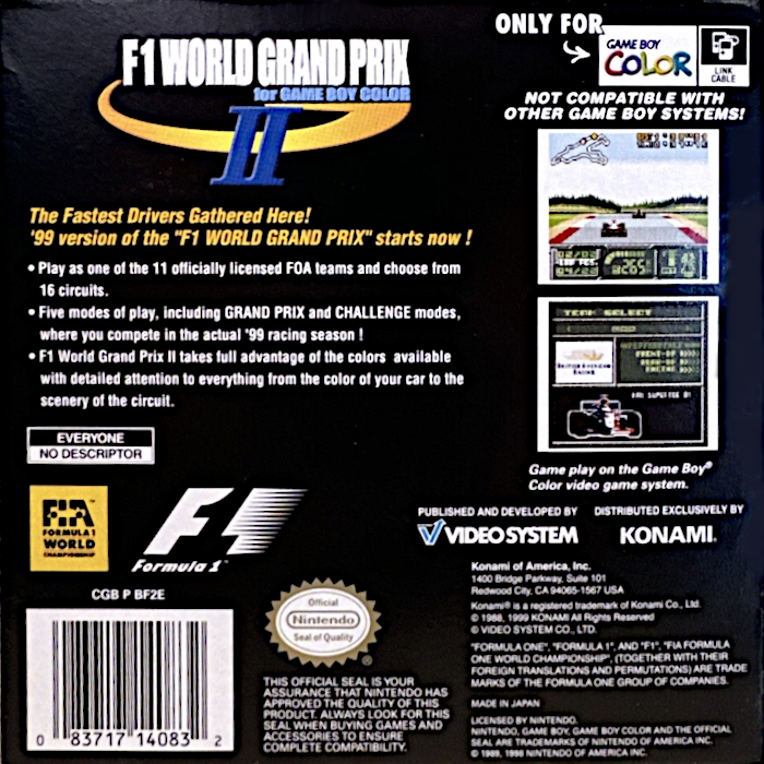 F1 World Grand Prix II for Game Boy Color — Box back