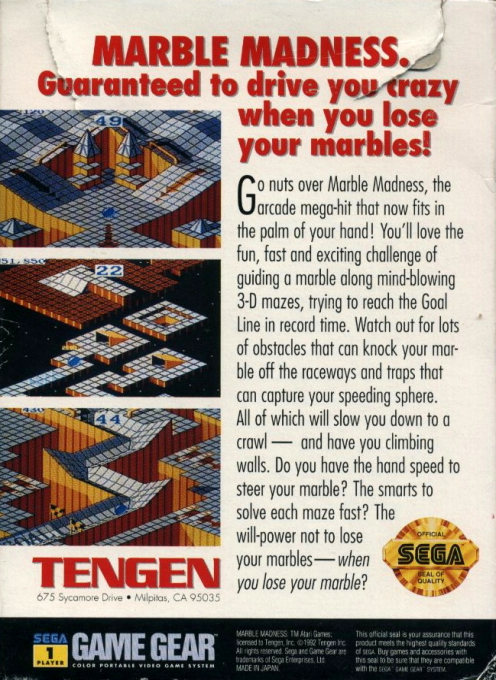 Marble Madness — Box back