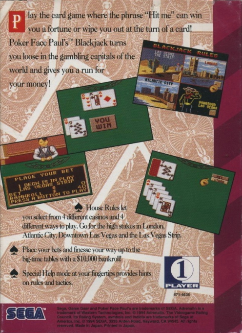 Poker Face Paul's Blackjack — Box back