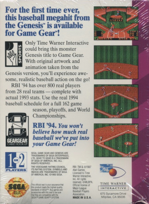 R.B.I. Baseball '94 — Box back