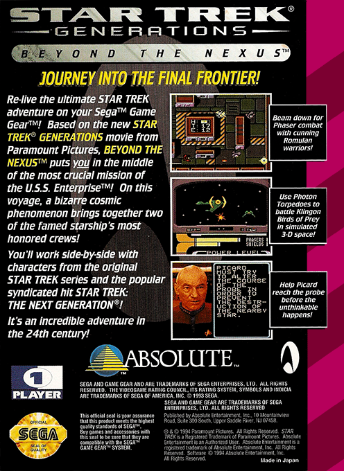 Star Trek : Generations : Beyond the Nexus — Box back
