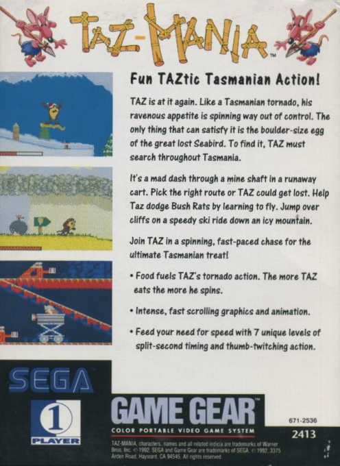 Taz-mania — Box back