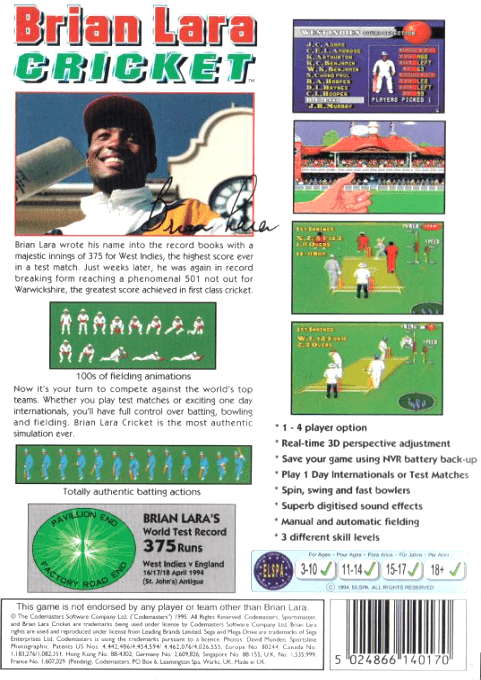 Brian Lara Cricket — Box back