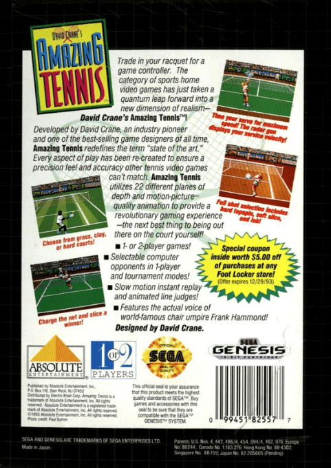 David Crane's Amazing Tennis — Box back