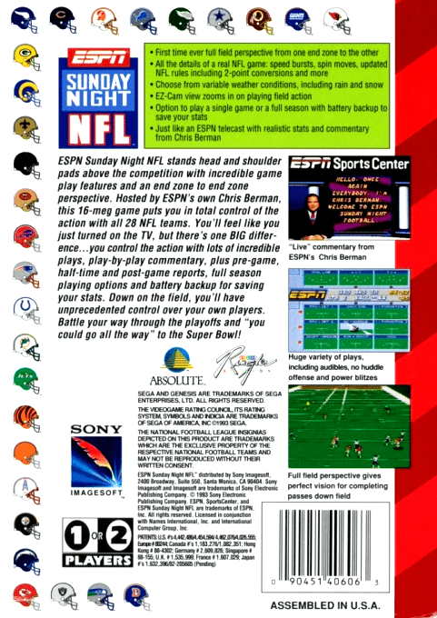 ESPN Sunday Night NFL — Box back