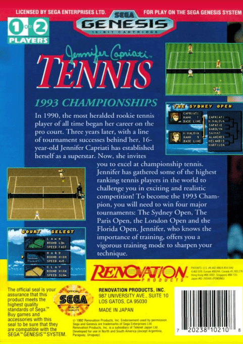Jennifer Capriati Tennis — Box back