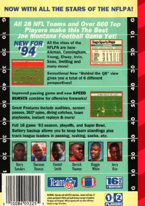NFL Football '94 starring Joe Montana — Box back