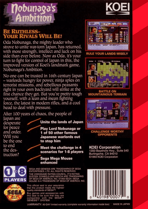Nobunaga's Ambition — Box back
