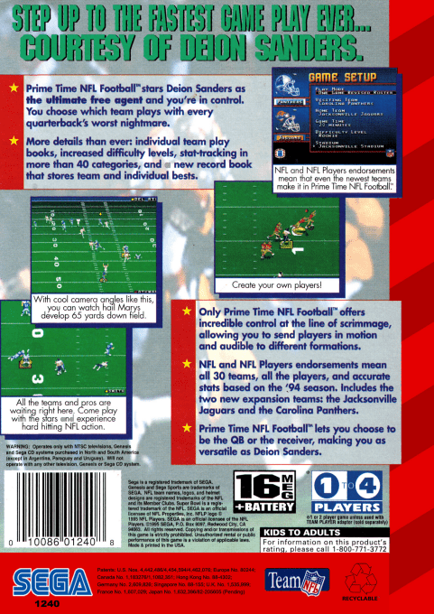 Prime Time NFL Starring Deion Sanders — Box back