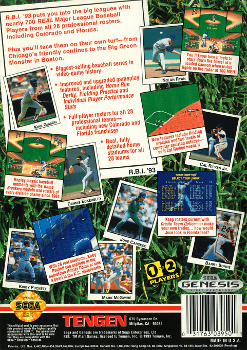 R.B.I. Baseball '93 — Box back