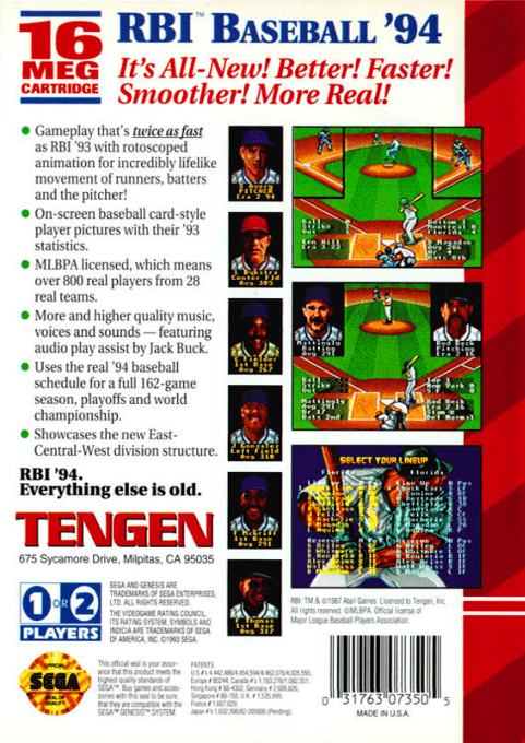 R.B.I. Baseball '94 — Box back