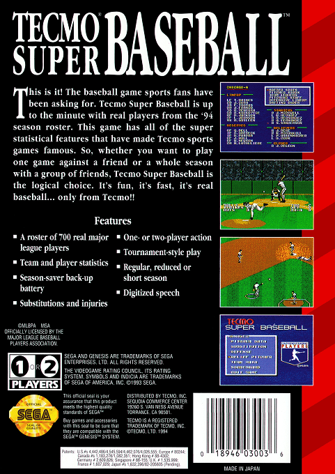 Tecmo Super Baseball — Box back