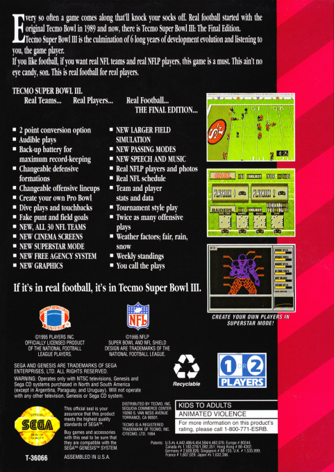 Tecmo Super Bowl III : Final Edition — Box back
