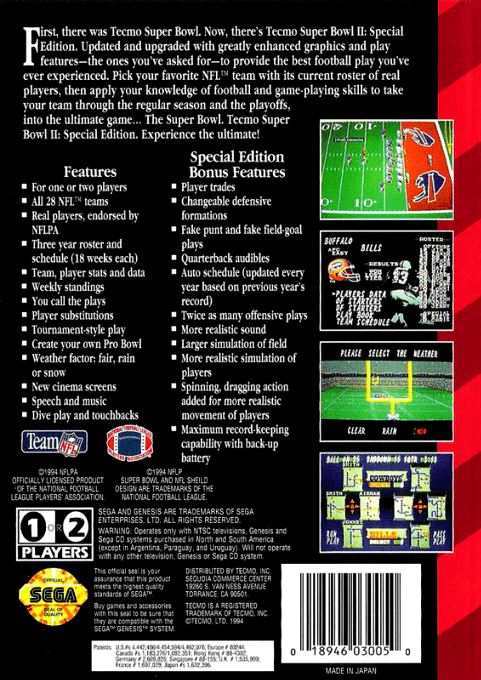 Tecmo Super Bowl II : Special Edition — Box back