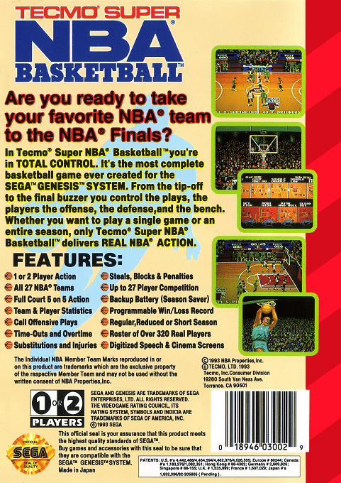Tecmo Super NBA Basketball — Box back