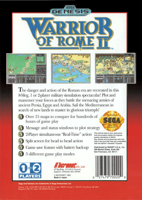 Warrior of Rome II — Box back