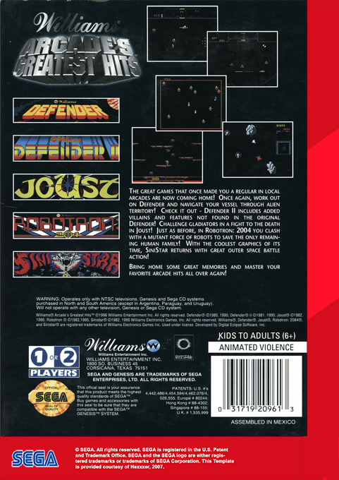 Williams Arcade's Greatest Hits — Box back