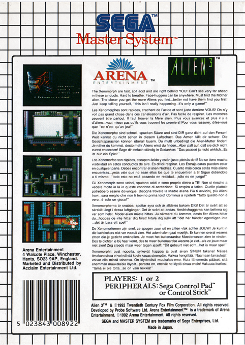 Alien 3 — Box back