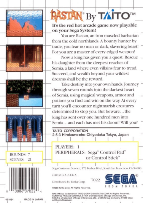 Rastan — Box back