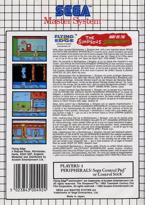 The Simpsons : Bart vs. the Space Mutants — Box back