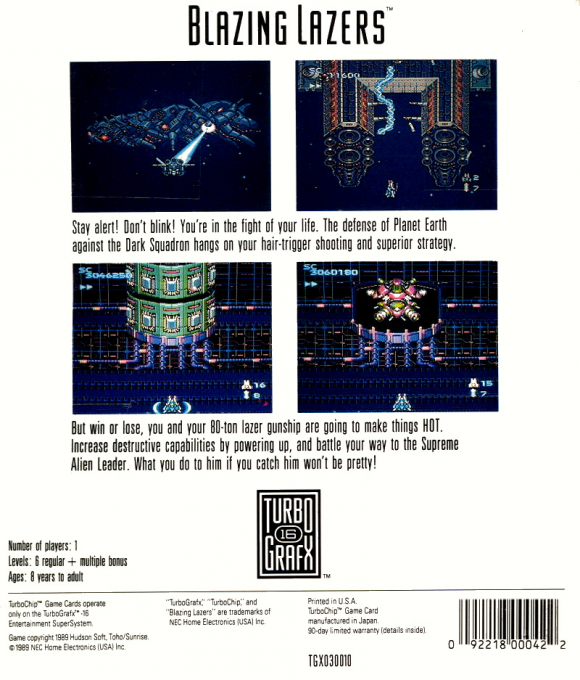 Blazing Lazers — Box back
