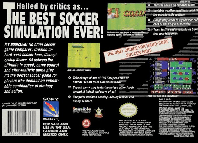 Championship Soccer '94 — Box back