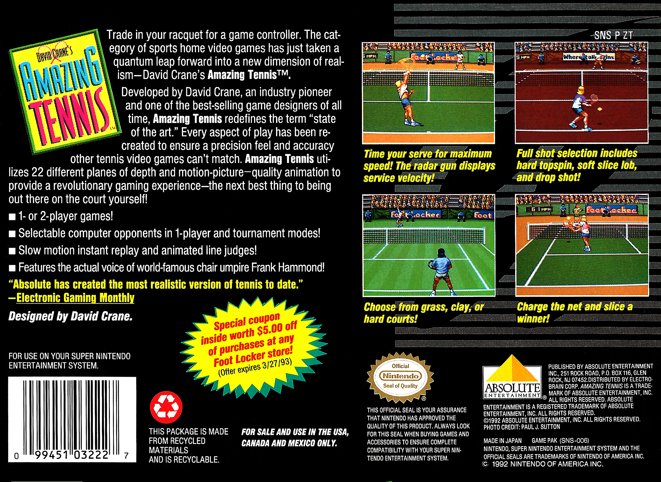 David Crane's Amazing Tennis — Box back