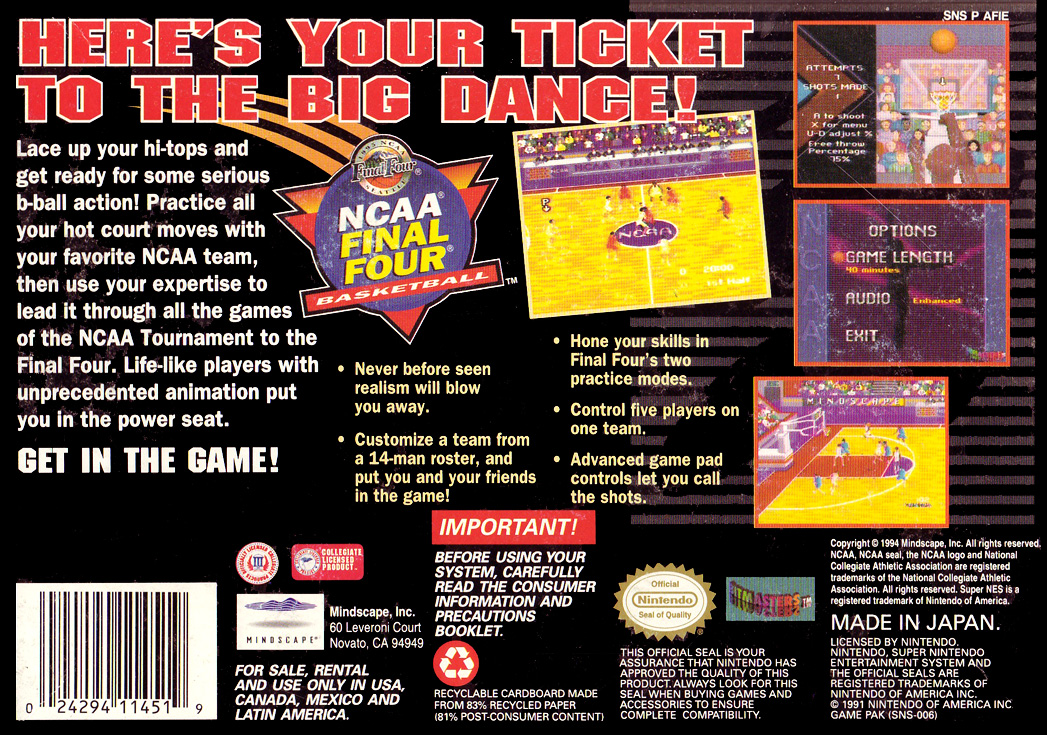 NCAA Final Four Basketball — Box back