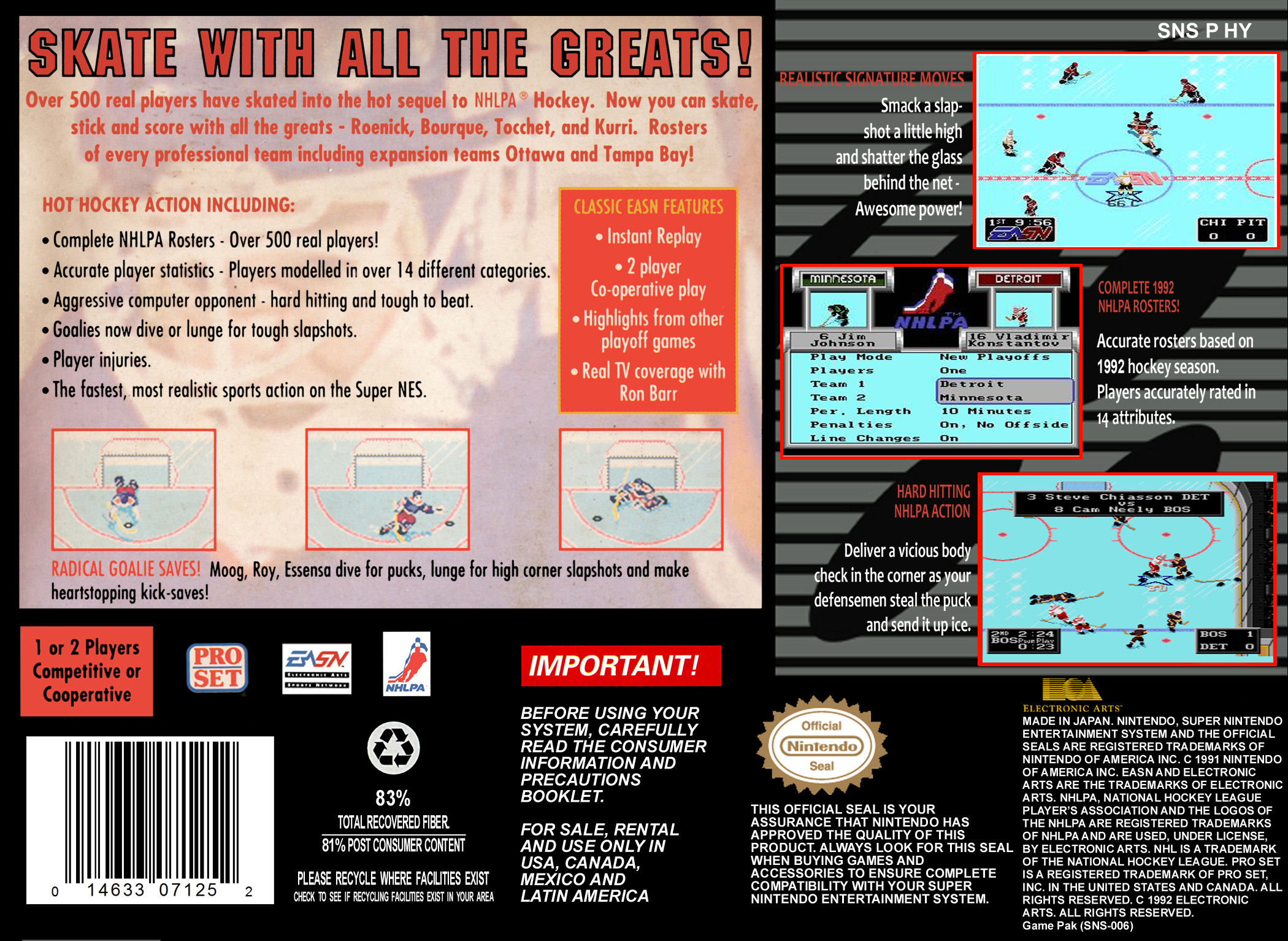 NHLPA Hockey 93 — Box back