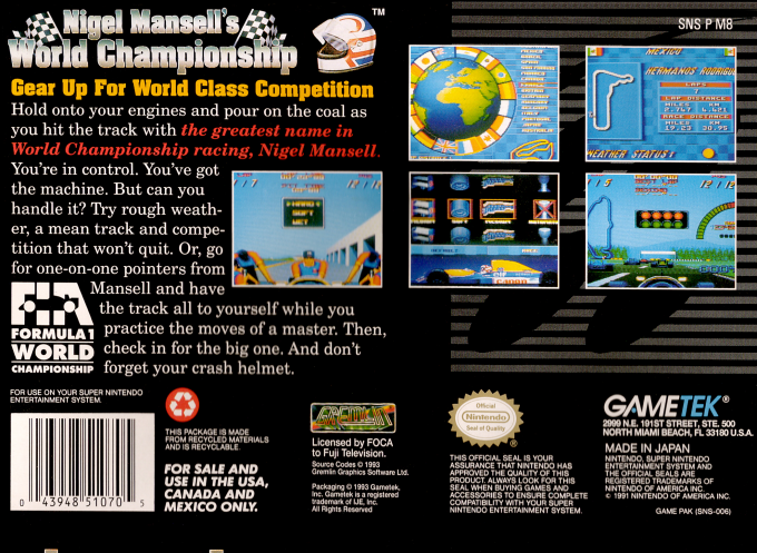 Nigel Mansell's World Championship Racing — Box back