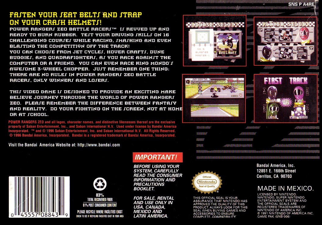 Power Rangers Zeo : Battle Racers — Box back