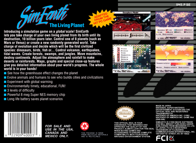 SimEarth : The Living Planet — Box back