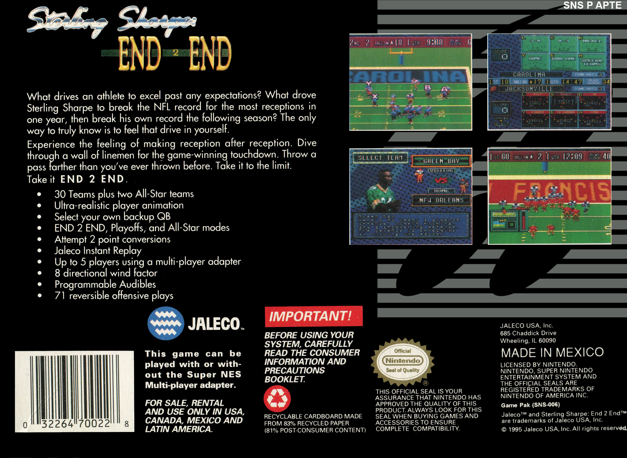 Sterling Sharpe : End 2 End — Box back
