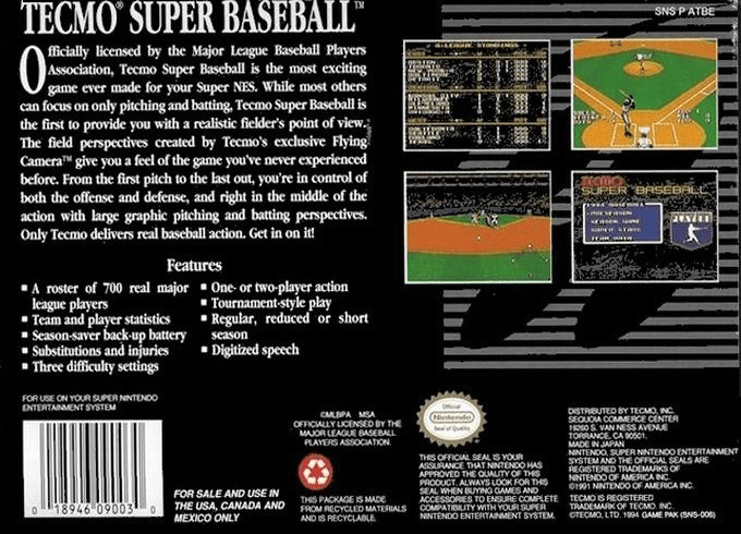 Tecmo Super Baseball — Box back