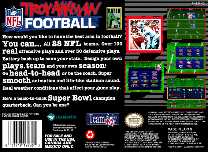 Troy Aikman NFL Football — Box back