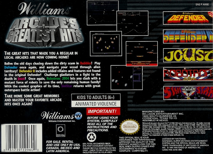 Williams Arcade's Greatest Hits — Box back