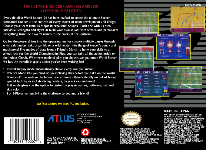 World Soccer 94 : Road to Glory — Box back